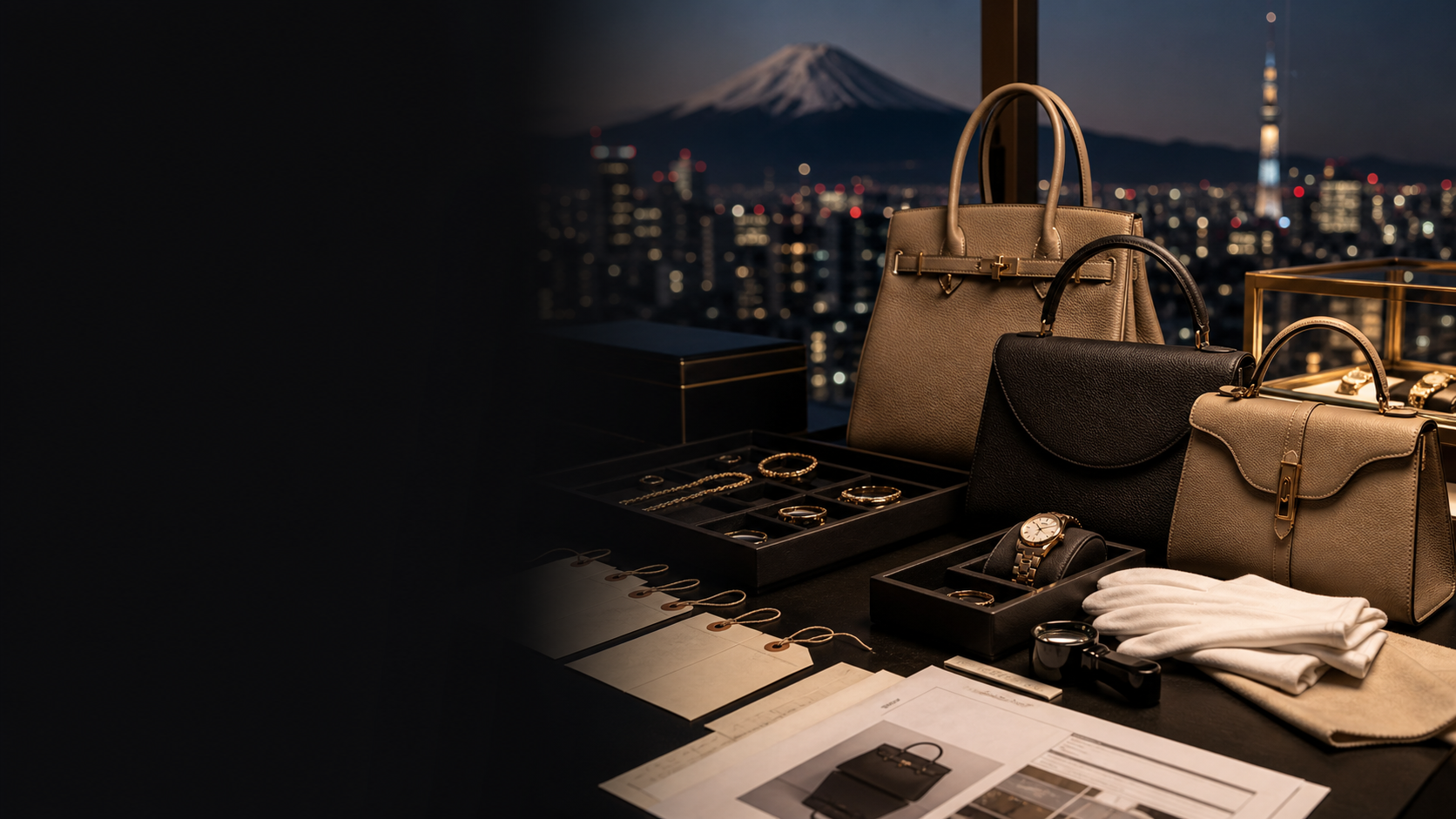 Japanese luxury sourcing desk with bags, watches, jewelry and review documents